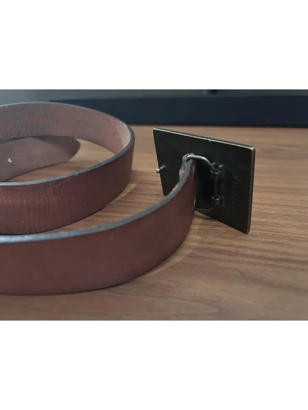 Levis Genuine Leather Belt Brown Wood Inlay Buckle Size 34/35 Rustic Style